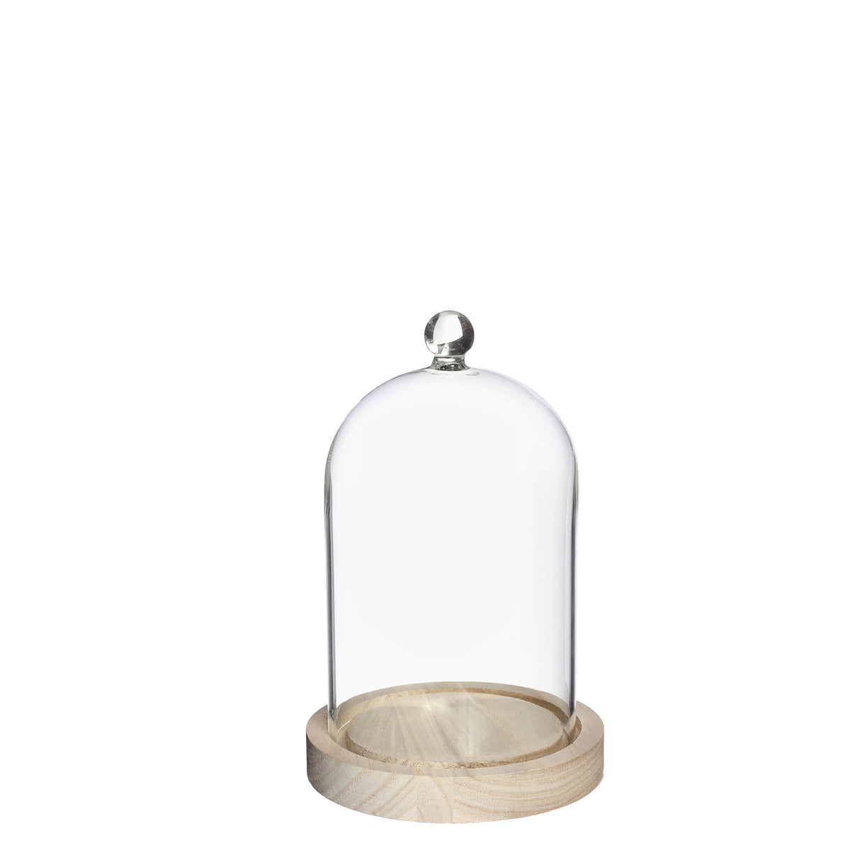 Glass dome with knob and wood base Ø12 h.18 cm