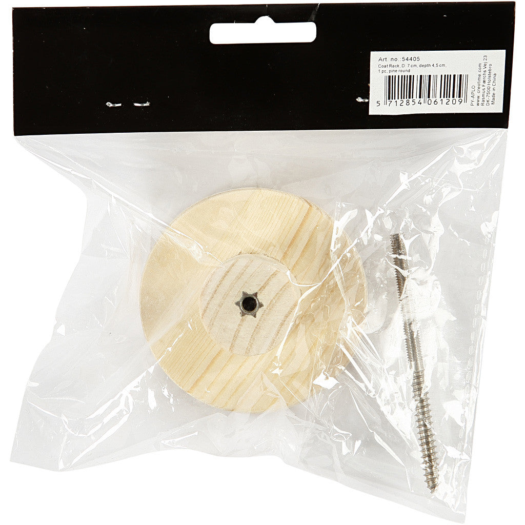 Coat Hook, round, D: 7 cm, depth 4.5 cm, pine - 1 pc