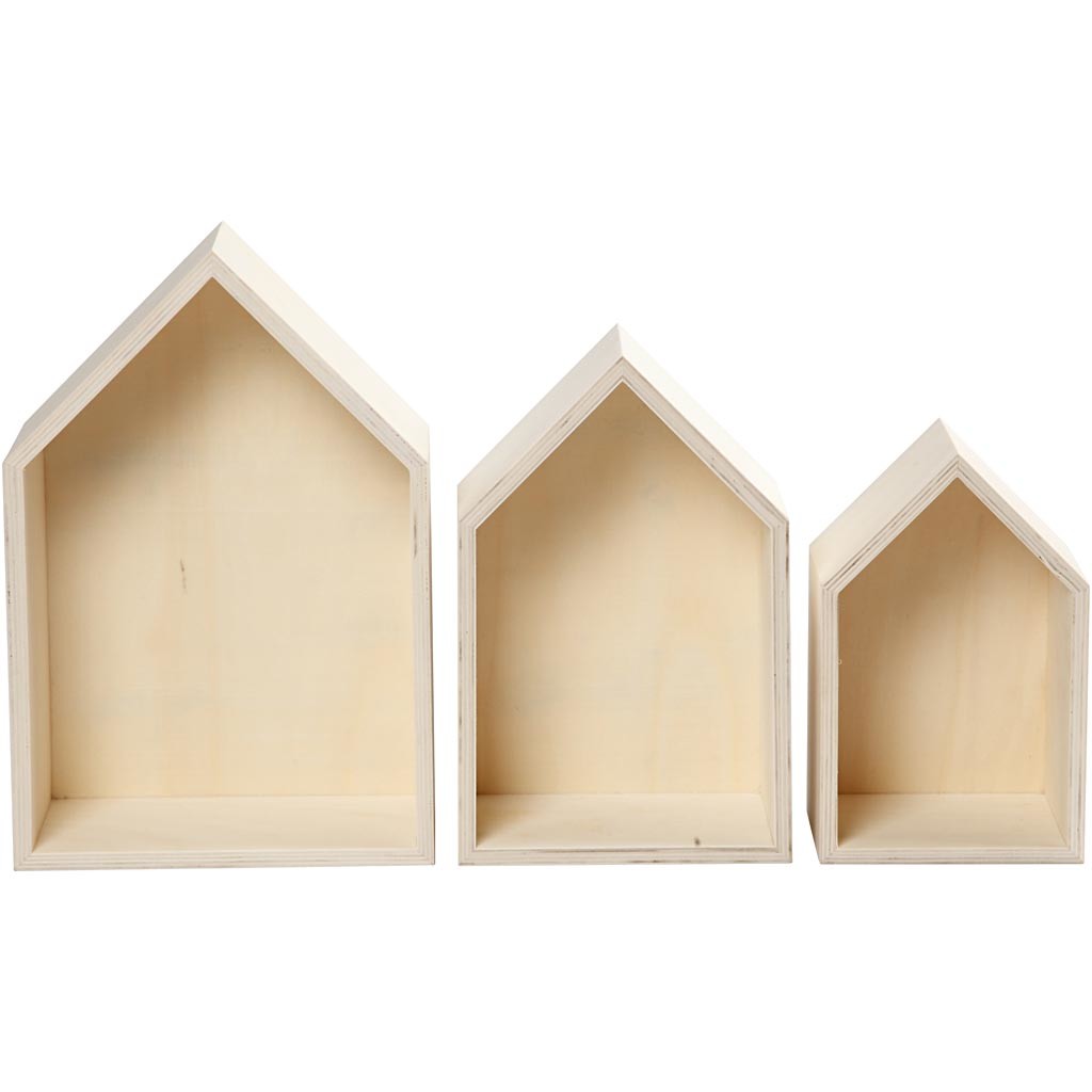Storage Boxes, houses, H: 20.3+25.3+31 cm, W: 13+16.2+20 cm, plywood, depth 10 cm - sheets