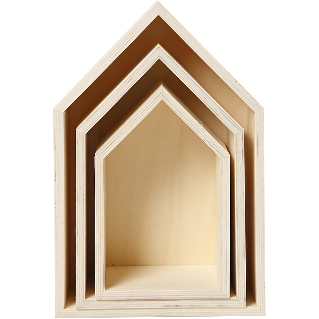 Storage Boxes, houses, H: 20.3+25.3+31 cm, W: 13+16.2+20 cm, plywood, depth 10 cm - sheets