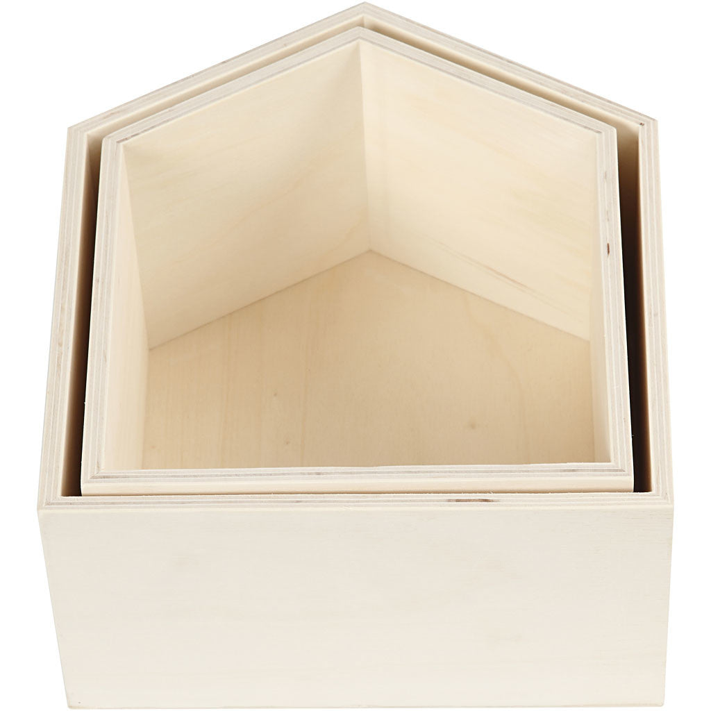 Storage Boxes, houses, H: 22.5+25 cm, W: 19.5+22.5 cm, plywood, depth 12.5 cm - 2 pcs