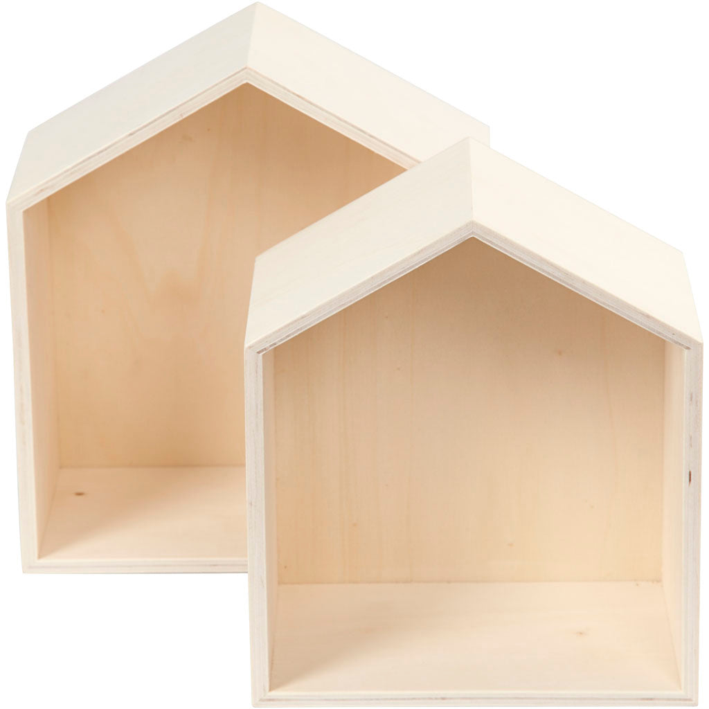Storage Boxes, houses, H: 22.5+25 cm, W: 19.5+22.5 cm, plywood, depth 12.5 cm