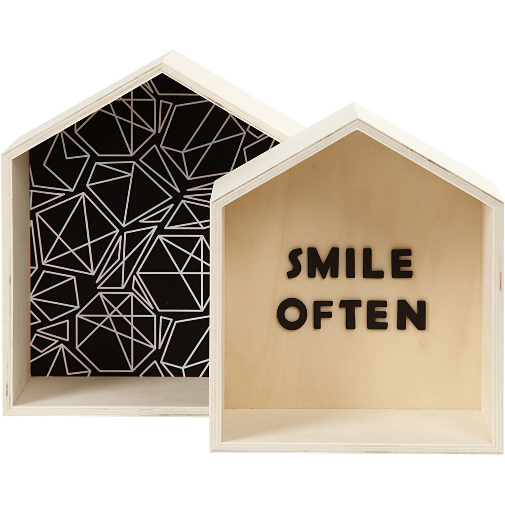 Storage Boxes, houses, H: 22.5+25 cm, W: 19.5+22.5 cm, plywood, depth 12.5 cm - 2 pcs