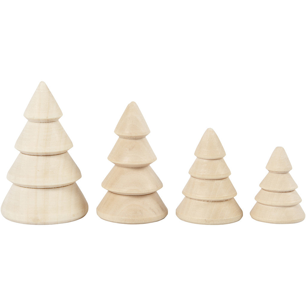 Christmas Trees, H: 3.3+4.3+5.3+6.3 cm, D: 2.3+3.2+4 cm, paulownia - 4 pcs