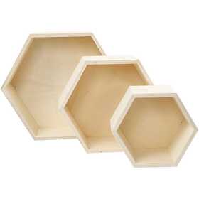 Storage Boxes, hexagonal, H: 14.8+19+24.2 cm, depth 10 cm, plywood - 3 pcs