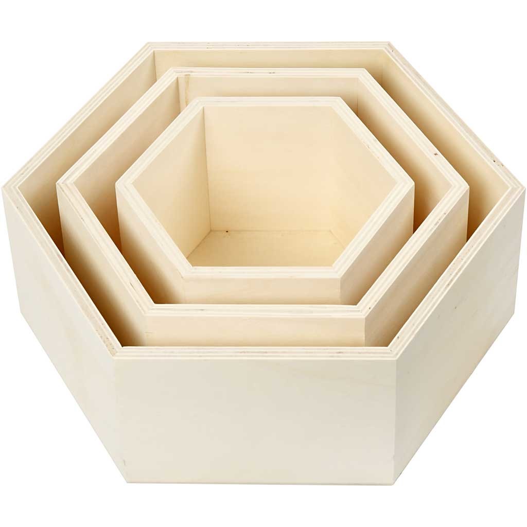 Storage Boxes, hexagonal, H: 14.8+19+24.2 cm, depth 10 cm, plywood - 3 pcs