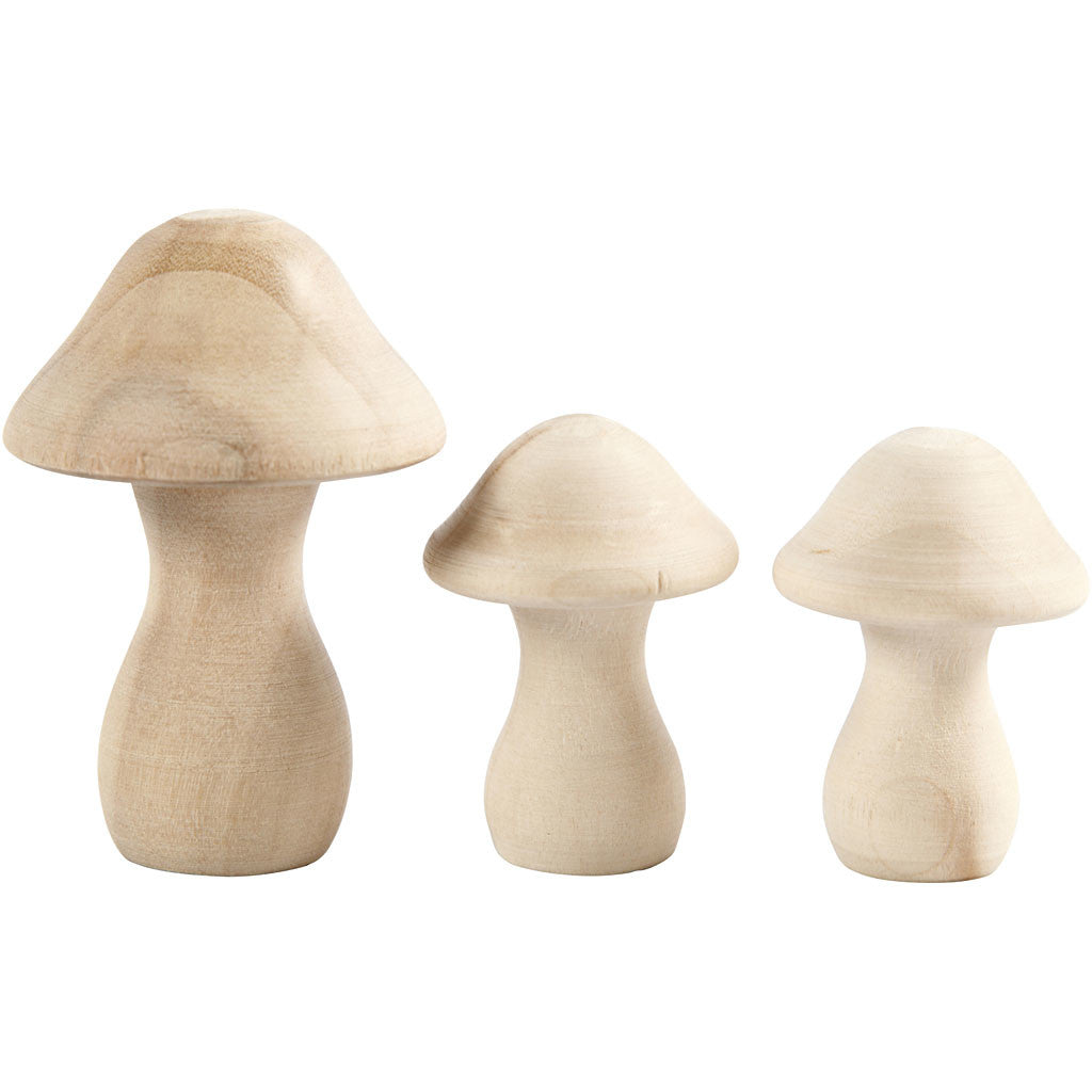 Wooden Mushrooms, size 4.5+6.5 cm, D: 3.3+4.5 cm, poplar wood - 3 pcs