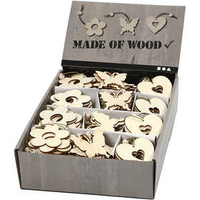 Wooden Ornament, flower, butterfly, heart, size 6 cm, thickness 3 mm - 200 pcs