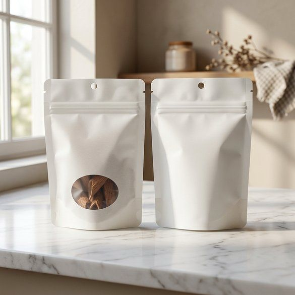 White Home Compostable Stand Up Pouch with Oval Window 10x6x15cm - 100 pcs