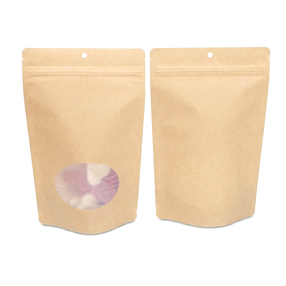 Kraft Home Compostable Stand Up Pouch with Oval Window 15x9x23cm - 100 pcs