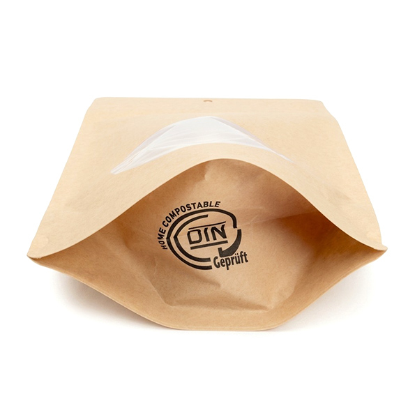 Kraft Home Compostable Stand Up Pouch with Oval Window 15x9x23cm - 100 pcs