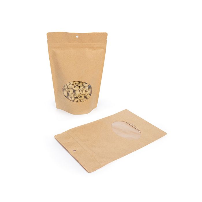 Kraft Stand Up Zipper Pouch with Oval Window 150x90x230mm - 100 pcs