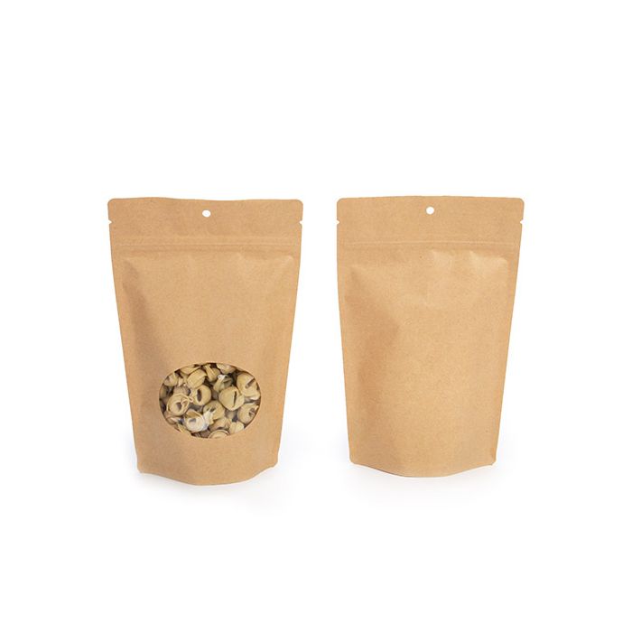 Kraft Stand Up Zipper Pouch with Oval Window 150x90x230mm - 100 pcs