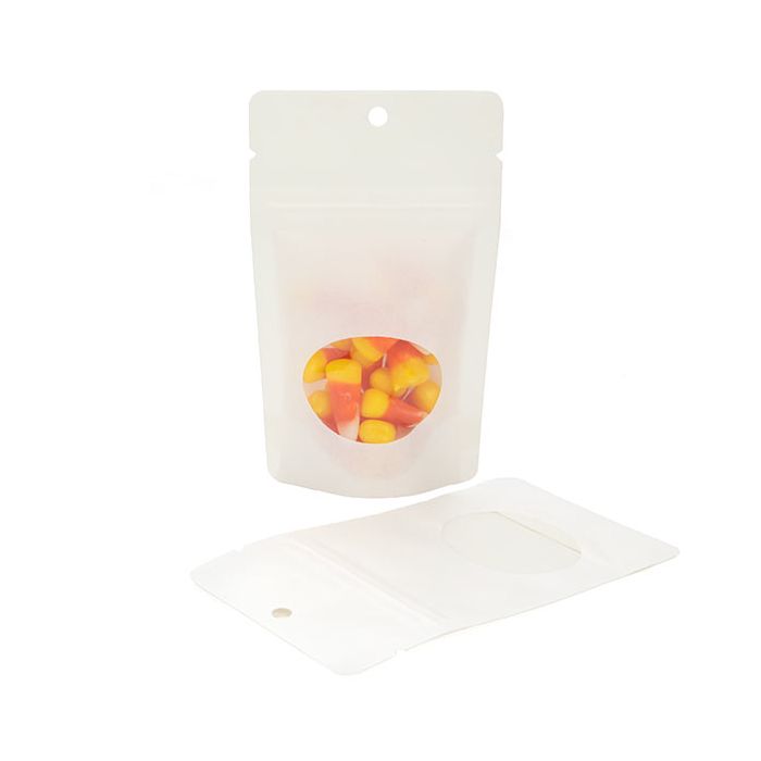 White Kraft Stand Up Zipper Pouch Bag 80x50x13mm with Oval Window + Hang Hole - 100 pcs