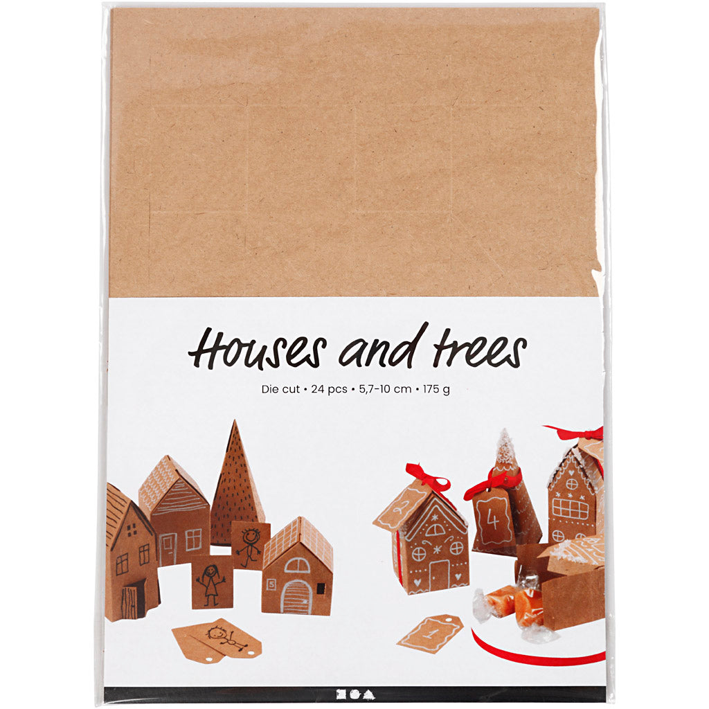 Die cut houses and trees, H: 5,7-10 cm cm - 1 Set