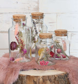 Glass medicine bottle with 2 different dried flowers Ø8cm (12 pcs.) [IFS-29395]