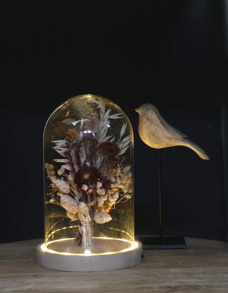 Glass Dome with LED, wooden base Ø14cm - 1 pc