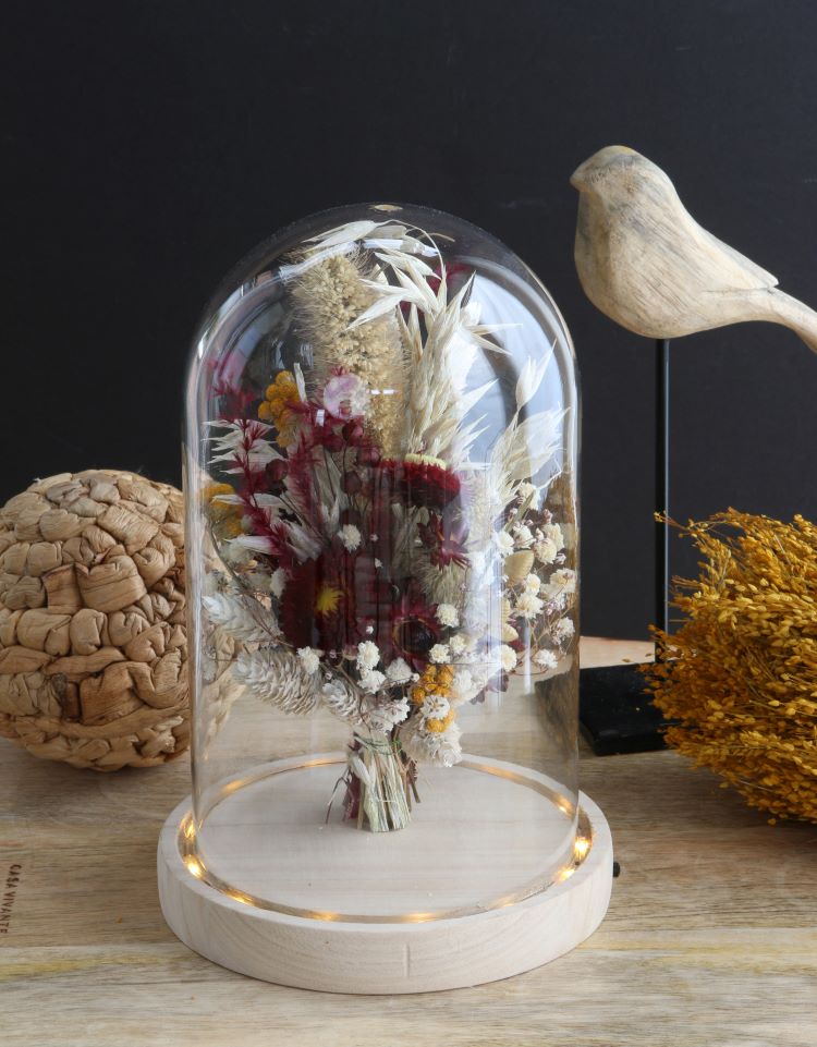 Glass Dome with LED, wooden base Ø14cm - 1 pc