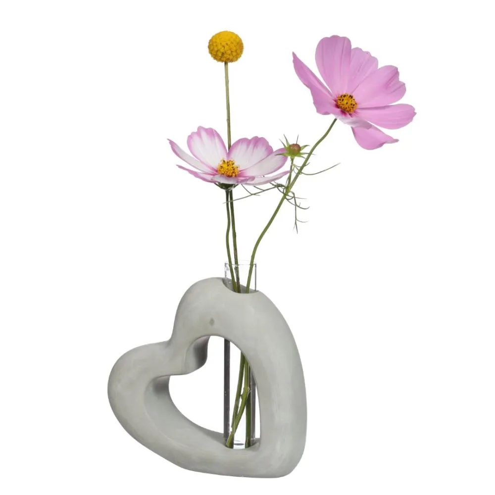 Cement Open Heart with Glass Tube L.3,9 x W.13 x H.13,2 - 6 pcs