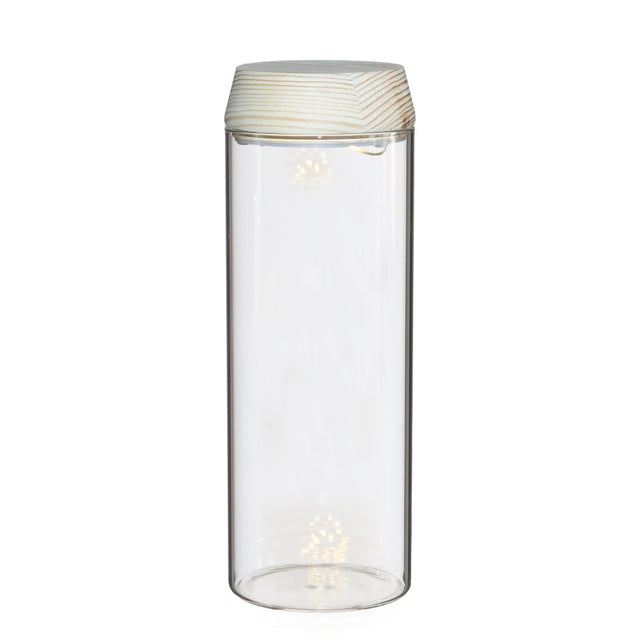 Glass cylinder with LED in wooden lid 23cm high 