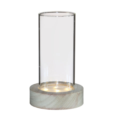 Glass cylinder with LED in wooden base 17cm high 