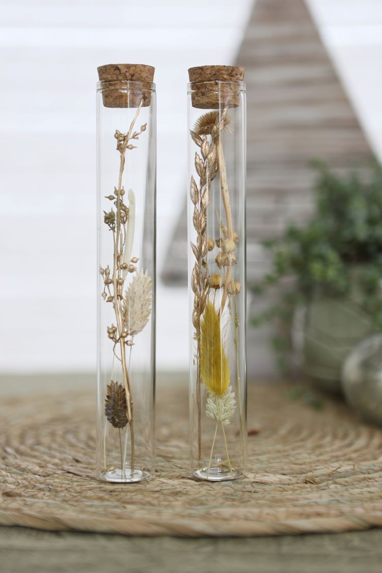 Glass tube with several dried flowers natural 20cm high - 12 pcs