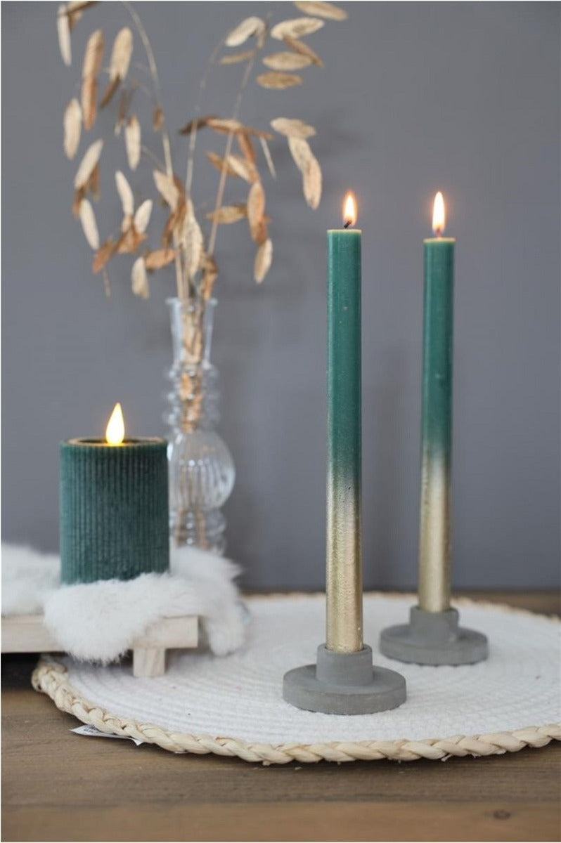 Dinner Candles mos Green with Gold Spray Ø21/h. 250mm - 1 set
