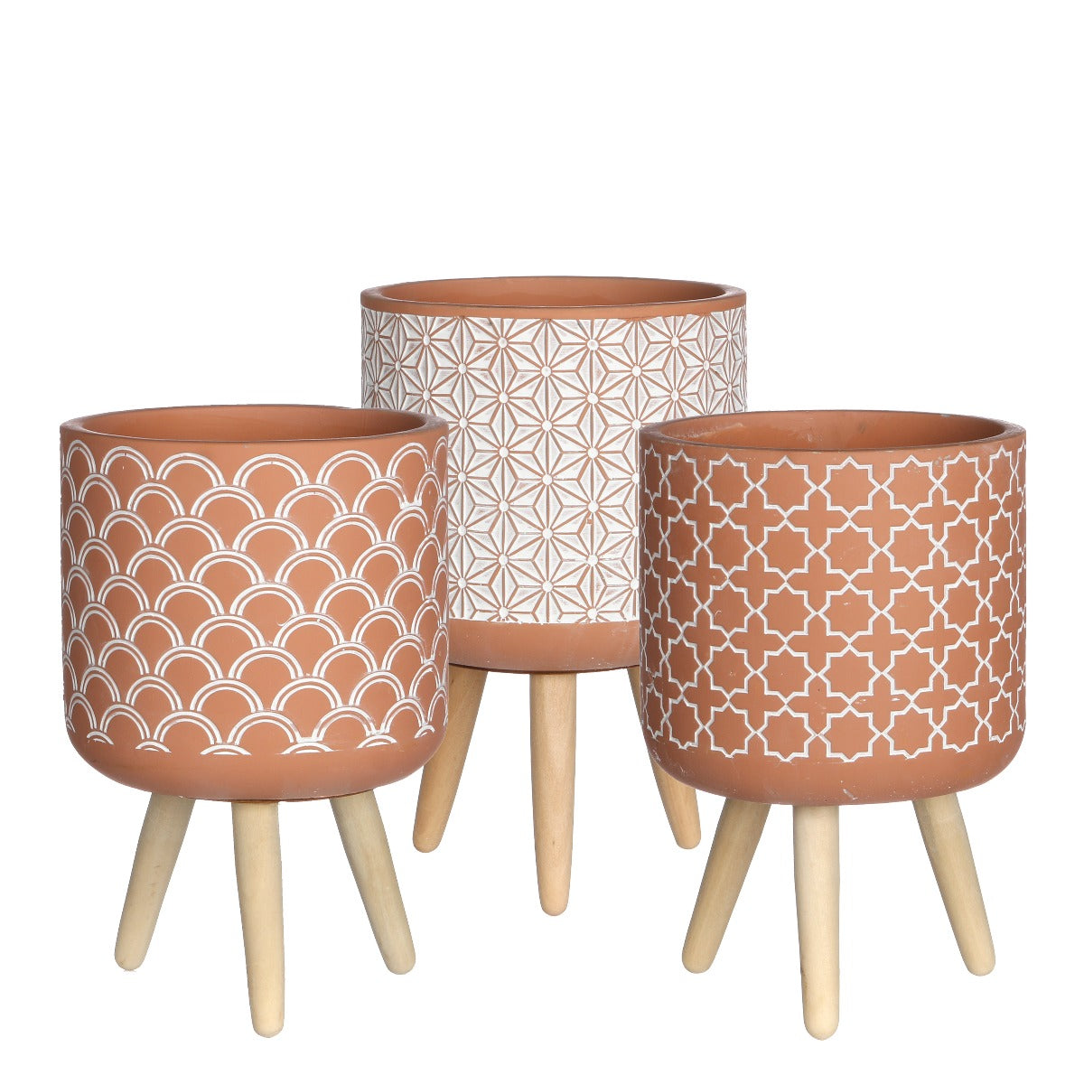 Plant pot Terra cement with wooden legs 21.5cm high 