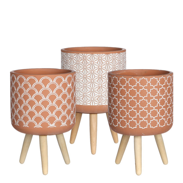 Plant pot Terra cement with wooden legs 21.5cm high 