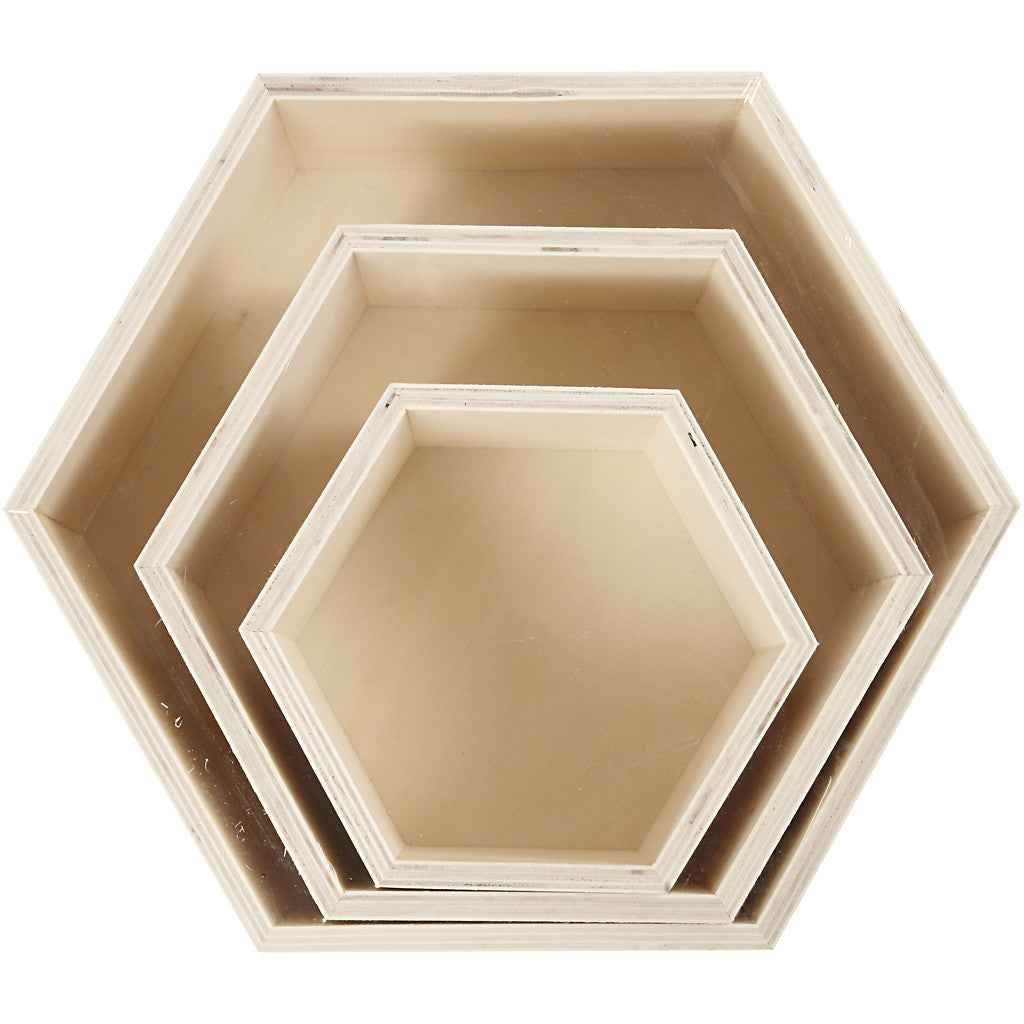 Storage Boxes, hexagonal, H: 14.8+19+24.2 cm, depth 10 cm, plywood - 3 pcs
