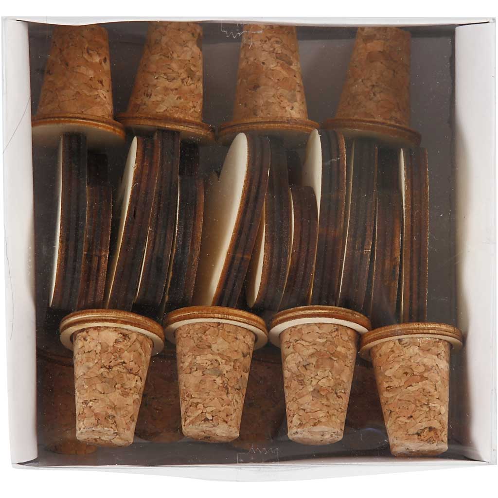 Bottle Stopper, H: 9 cm, D: 15-20 mm, plywood - 12 pcs