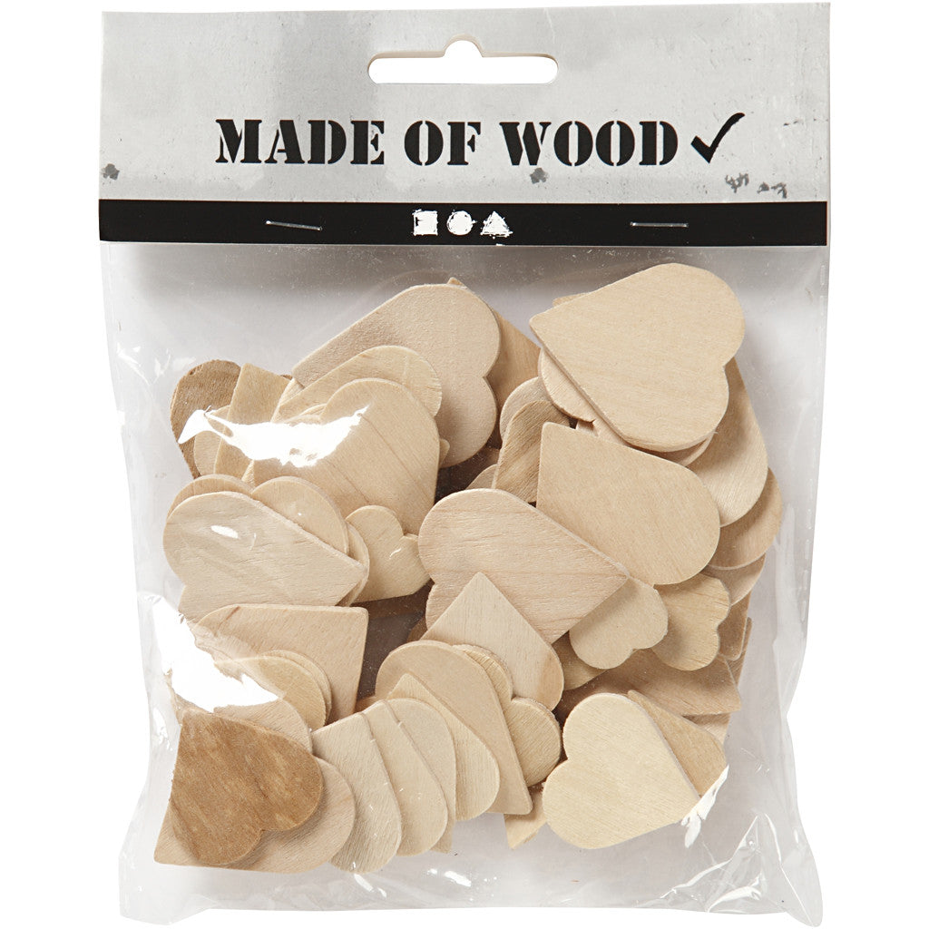 Mosaics, hearts, size 18-30 mm, thickness 2 mm, birch - 60 pcs