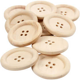 Wooden Buttons, D: 35 mm, hole size 2 mm, china berry, 4 holes - 10 pcs
