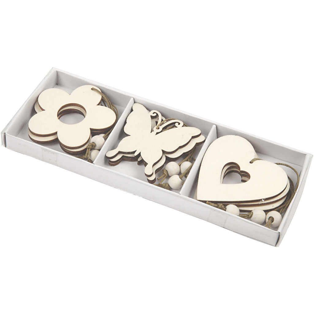 Wooden Ornament, flower, butterfly, heart, size 6 cm, thickness 3 mm, 9pcs - 9 pcs