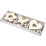 Wooden Ornament, flower, butterfly, heart, size 6 cm, thickness 3 mm, 9pcs - 9 pcs