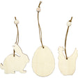 Wooden Ornament, rabbit, egg, hen, size 6 cm, thickness 3 mm, 9pcs 