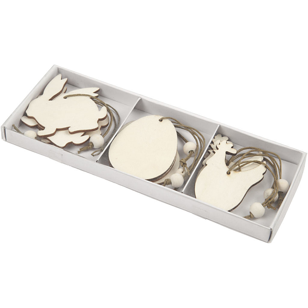 Wooden Ornament, rabbit, egg, hen, size 6 cm, thickness 3 mm, 9pcs - 9 pcs