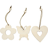 Wooden Ornament, flower, butterfly, heart, size 6 cm, thickness 3 mm - 200 pcs