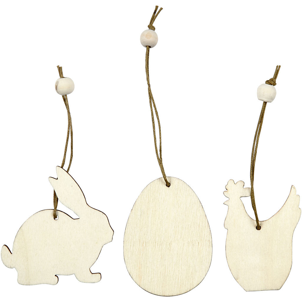 Wooden Ornament, rabbit, egg, hen, size 6 cm, thickness 3 mm - 200 pcs