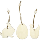 Wooden Ornament, rabbit, egg, hen, size 6 cm, thickness 3 mm - 200 pcs