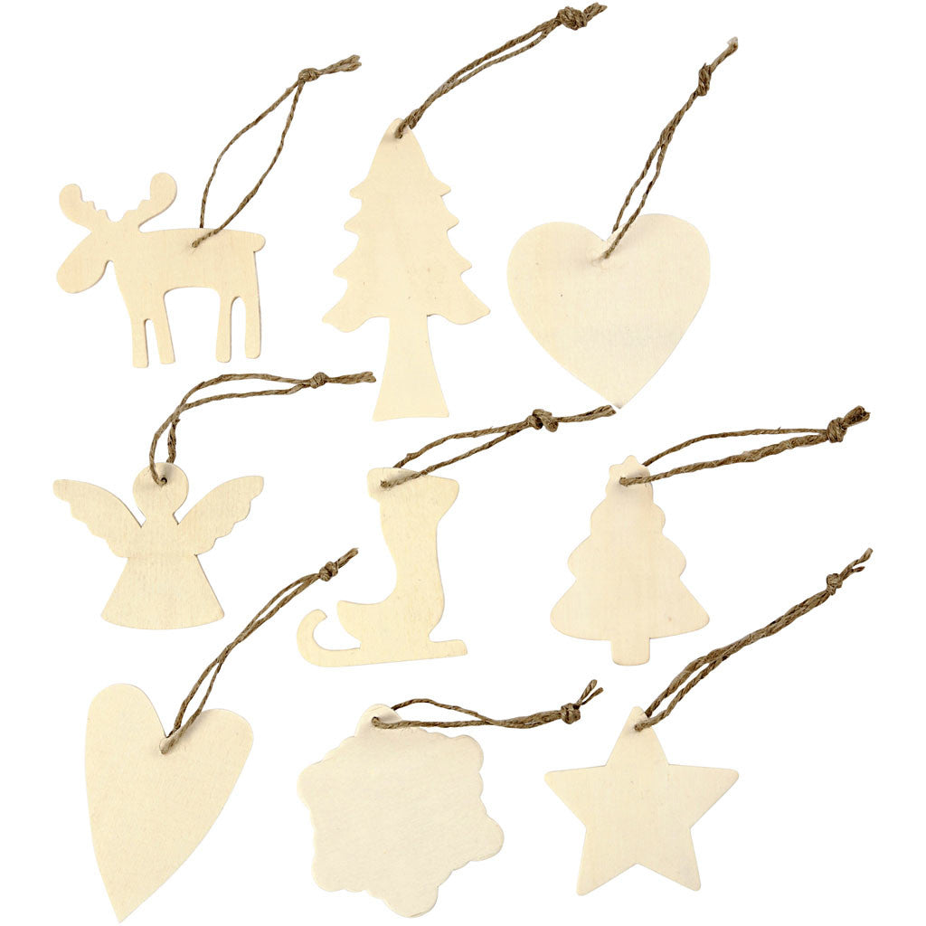 Wooden Ornament, christmas, size 7-8 cm, thickness 3 mm, plywood - 72 pcs