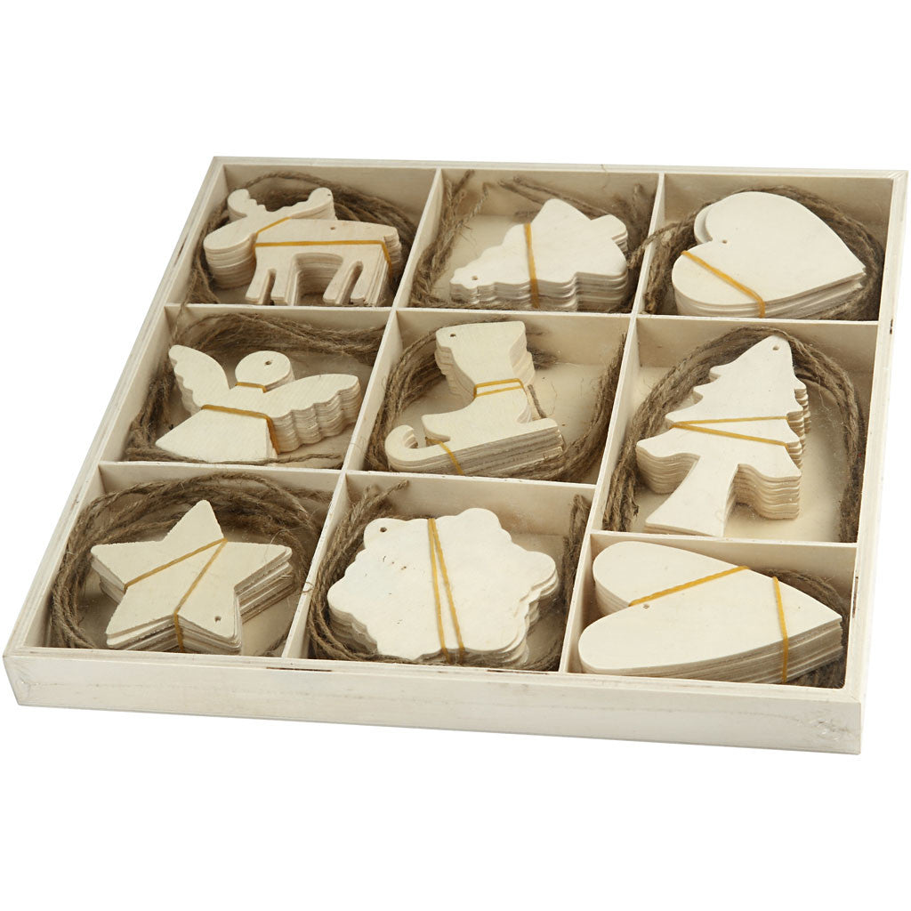 Wooden Ornament, christmas, size 7-8 cm, thickness 3 mm, plywood - 72 pcs