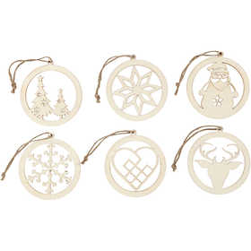 Christmas ornaments, D: 8 cm, thickness 0.3 cm, plywood - 6 pcs