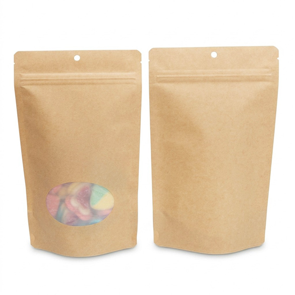 Kraft Home Compostable Stand Up Pouch with Oval Window 13x8x20,5cm - 100 pcs