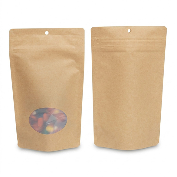 Kraft Home Compostable Stand Up Pouch with Oval Window and Pocket Zipper 13x8x20,5cm - 100 pcs