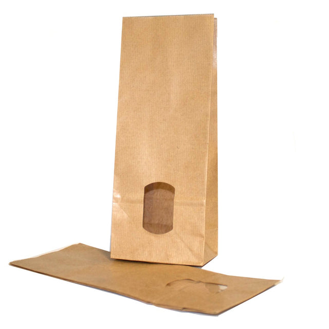 Block Bottom Bags Kraft Brown 105x65x275mm 70 g/m2 lined with 30my OPP Foil and clear Window | 500 grams 