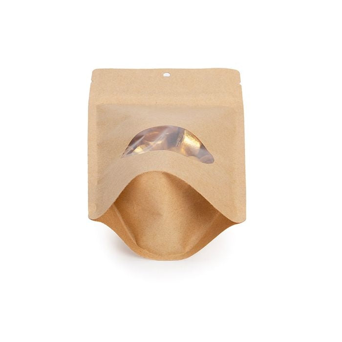Stand Up Pouches Kraft with oval Window 130x70x205mm | 113 grams with hang hole - 100 pcs