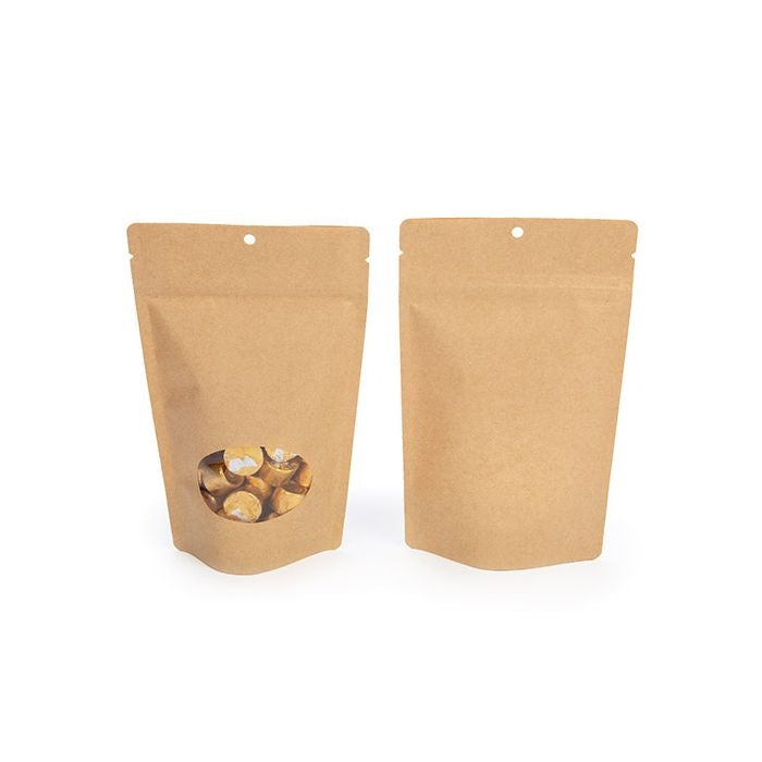 Stand Up Pouches Kraft with oval Window 130x70x205mm | 113 grams with hang hole - 100 pcs