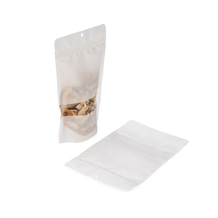 Eco Friendly Stand Up Pouches Rice Paper White With Rectangle Window 149x89x232mm - 100 pcs
