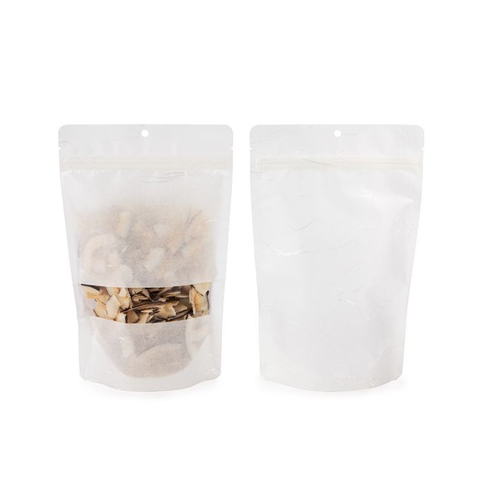 Eco Friendly Stand Up Pouches Rice Paper White With Rectangle Window 149x89x232mm - 100 pcs
